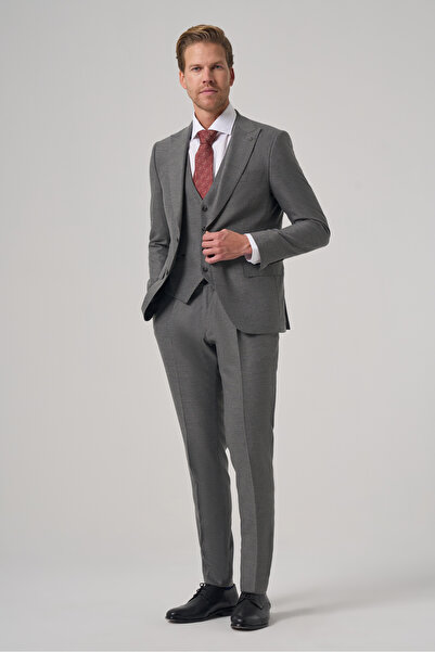Morven Men's Gray Polyviscon Trend Striped Slim Fit Point Collar Suit