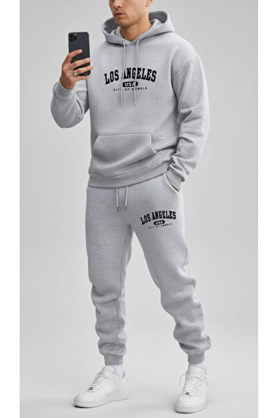 ship master Men's Los Angeles Printed 3 Thread K Hooded Tracksuit Set of Oversized Relaxed Fit