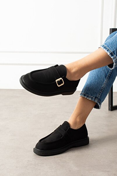 FUGA MODA Loriva Black Suede Belted Gold Buckle Thick Saddle Detailed Loafer Ballet Casual Shoes