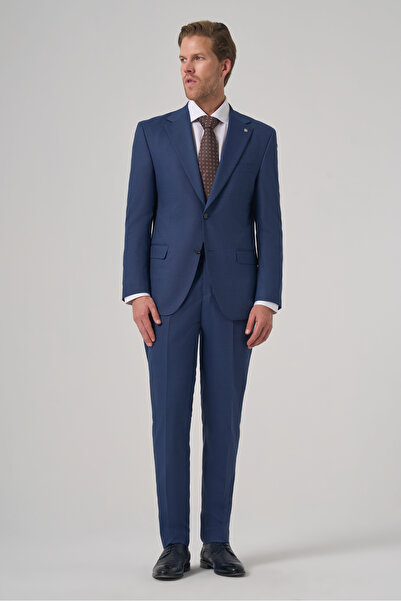 Morven Men's Navy Blue Wool Trend Patterned Dynamic Fit Mono Collar Suit