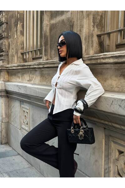 MY DEPO Women's Button Detail Low-Cut Sleeve Cuffed Poplin Shirt with Stitching