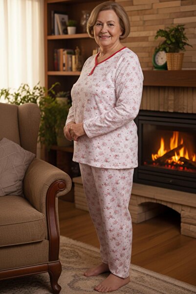 Niket Life Women's Patterned Piping Collar Long Sleeve Long Length Combed Cotton Mother Pajama Set