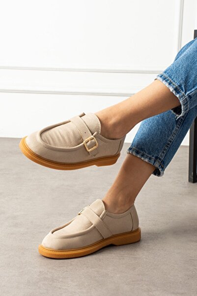 FUGA MODA Loriva Beige Suede Belted Gold Buckle Thick Saddle Detailed Loafer Ballet Casual Shoes