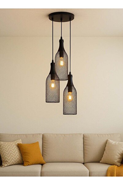 genernic مصباح معلق معدني بتصميم قفص أسود – قاعدة E27 – 3 لمبات