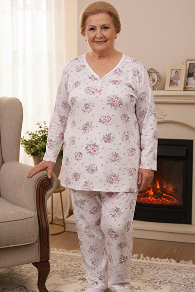 Niket Life Women's Patterned Piping Collar Long Sleeve Long Length Combed Cotton Mother Pajama Set