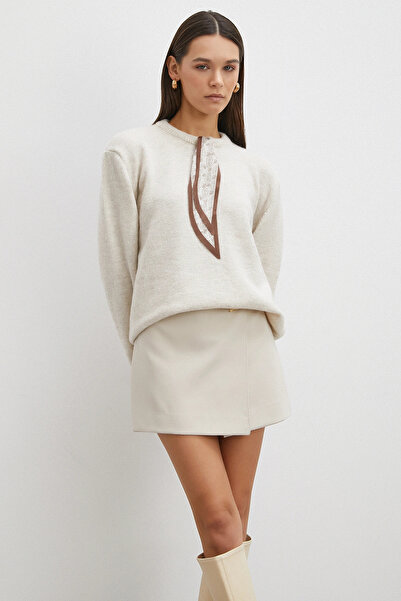 Never more Long Sleeve Sweater with Scarf Ecru