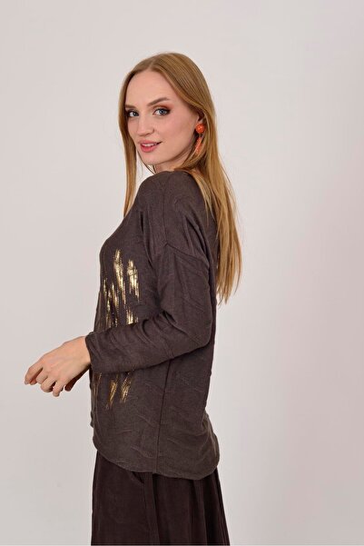 Park Moda 12055 Lurex Detail V-Neck Thin Knitted Blouse