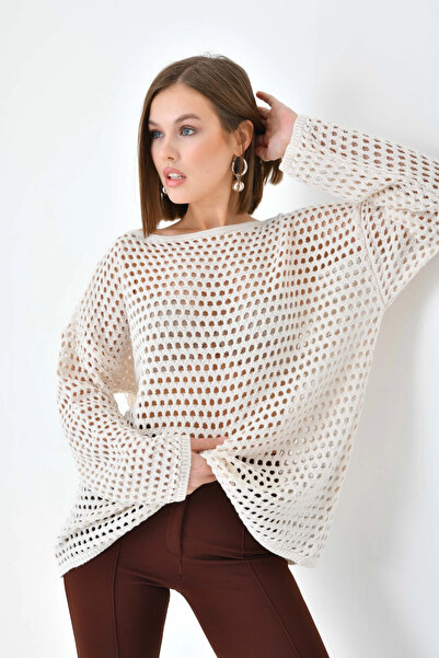 Park Karon Women's Boat Neck Knit Detail Oversized Knitwear Sweater