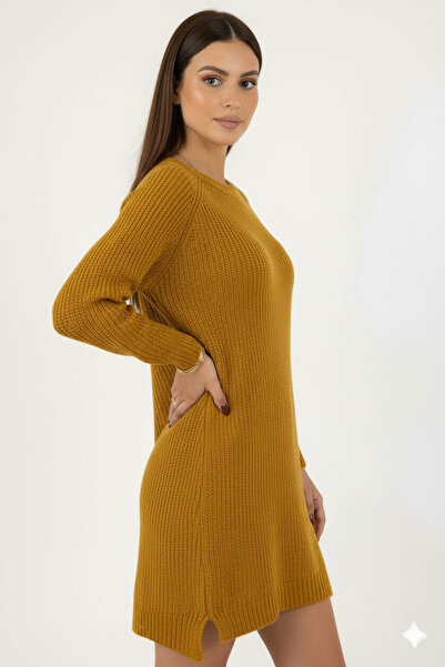 Millionaire Women's Dark Yellow Mustard Crew Neck Long Tunic Dress Thick Knit Italian Sleeve Y Slit Knitwear Sweater