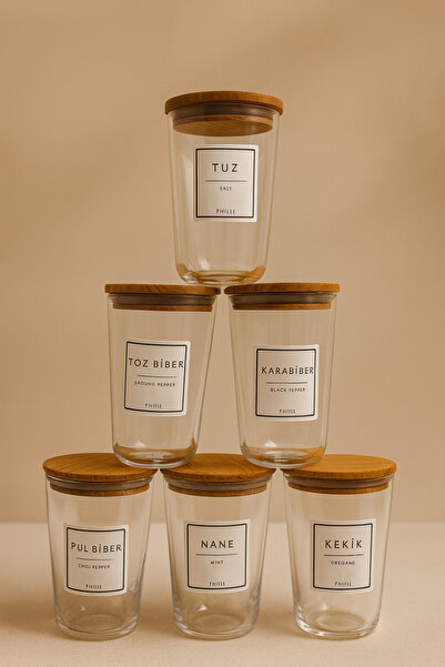 Fhilli Motto Plus - Set of 6 Pine Wood Vacuum Lid Labeled Glass Storage Containers Spice Jar Set 400 ml