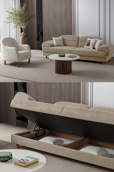 Eymense Lizbon Yataklı Sandıklı Koltuk Takımı 3+1 Sütlü Kahve