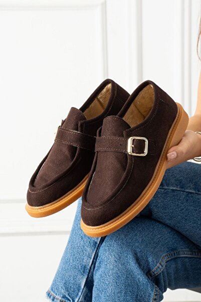 FUGA MODA Loriva Brown Suede Belted Gold Buckle Thick Saddle Detailed Loafer Ballet Casual Shoes