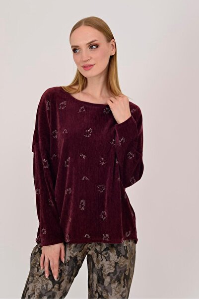 Park Moda 25584 Stone Embroidered Taupe Velvet Blouse