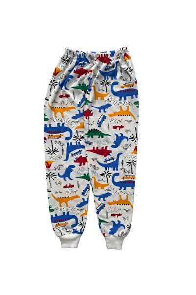 Şekerkids Boy's Cotton Two-Thread Sh Fleece-Lined White Color Dinosaur Pattern Pajama Set