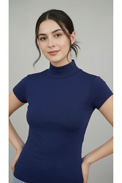 nacar çarşı Kadın Likralı Esnek Yarım Balıkçı Kısa Kollu Lacivert Badi