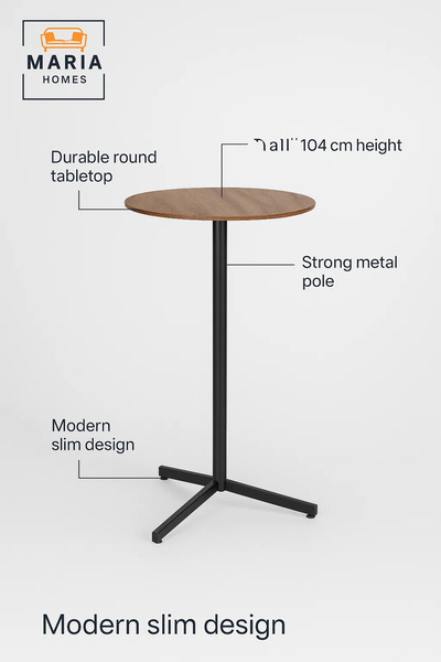 MARIA HOMES Modern Brown Round High Table 60×104 cm – Tall Café Bar Table with Metal Base