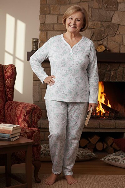 Niket Life Women's Patterned Piping Collar Long Sleeve Long Length Combed Cotton Mother Pajama Set