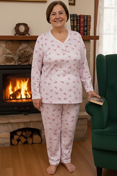 Niket Life Women's Patterned Piping Collar Long Sleeve Long Length Combed Cotton Mother Pajama Set