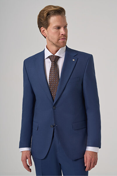 Morven Men's Navy Blue Wool Trend Patterned Dynamic Fit Mono Collar Suit