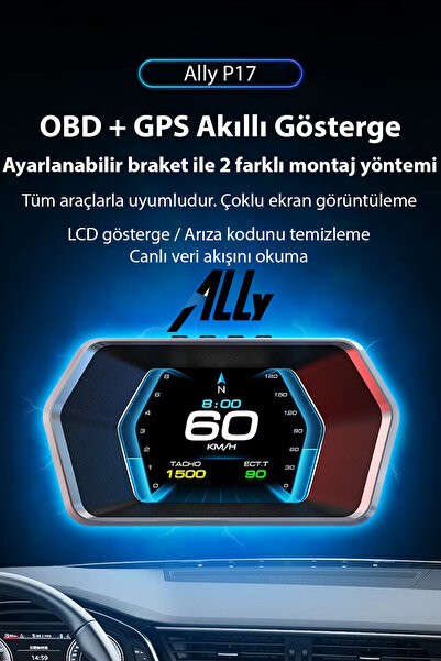 Ally P17 HUD OBD2 & GPS Çift Sistemli Araç Bilgisayarı Dijital Kilometre,Su Yağ Sıcaklığı Hız Ölçer Ekran