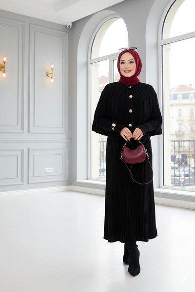 FERHEL Buttoned Cape & Knitwear Dress Hijab Two-Piece Set