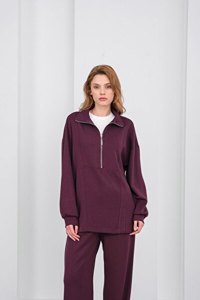 Basicpark Mürdüm Kadın Premium Modal Kumaş Yarım Fermuarlı Oversize Alt-Üst T...