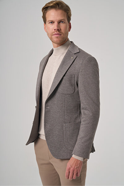 Morven Men's Gray Knitted Trend Patterned Slim Fit Mono Collar Jacket