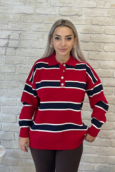 Muna Boutique Red Polo Collar Long Sleeve Striped Sweater