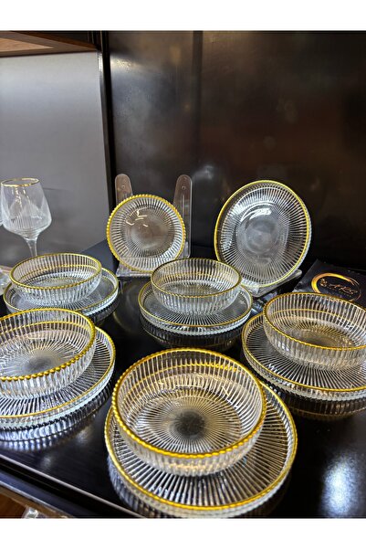 ARS HOME DEKOR Yaldızlı 6 Kişilik 12 parça Çerez Takımı, Kase Tabak Çerez seti, Çizgili kase Tabak, Servislik