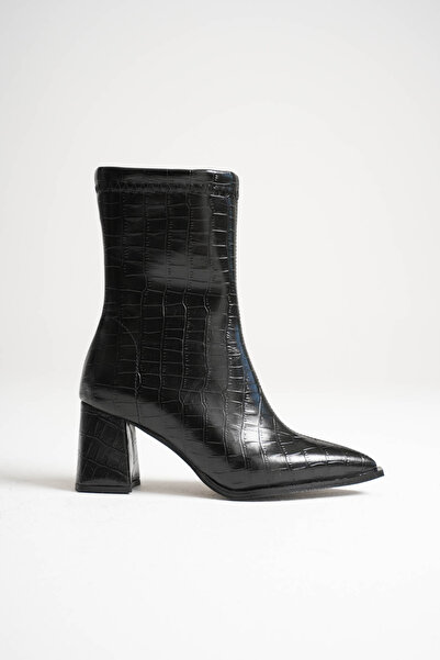 CİMİLİ SHOES Women's Leather Heeled Boots Pointed Toe Side Zipper Thick Heel