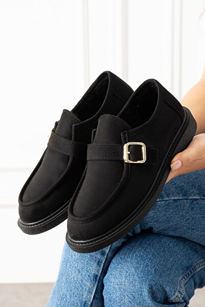 FUGA MODA Loriva Black Suede Belted Gold Buckle Thick Saddle Detailed Loafer Ballet Casual Shoes