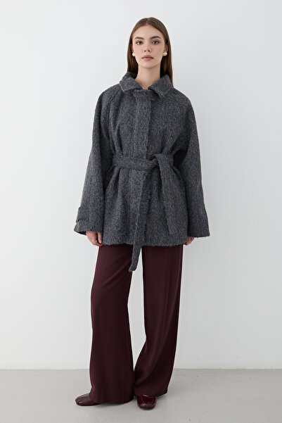 JASTE Women's Mock Neck Button Belted Cashmere Coat