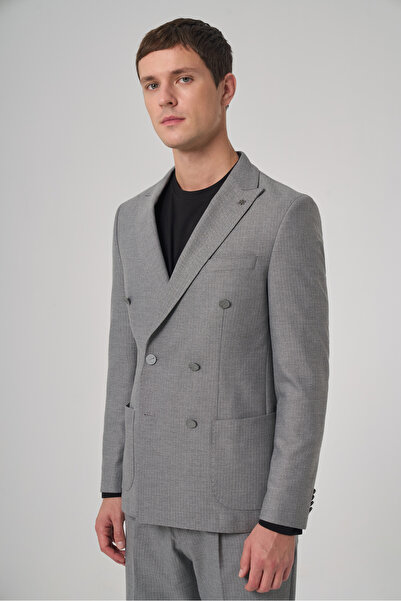 Morven Men's Gray Polyviscon Trend Patterned Slim Fit Pointed Collar Suit