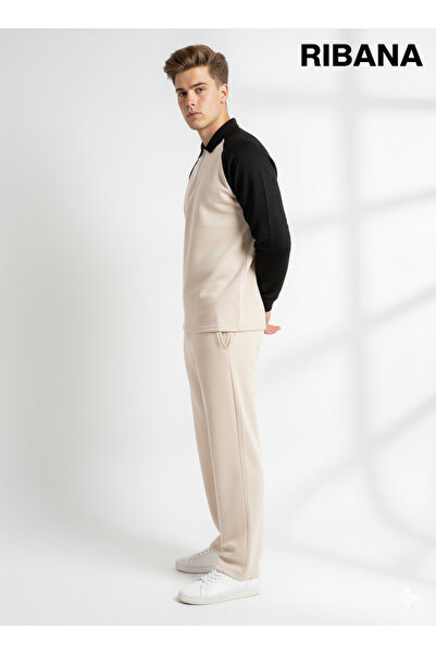 ribana Unisex Printed Pocket Elastic Waist Zippered Shirt Collar Bottom-Top 2-Piece Set