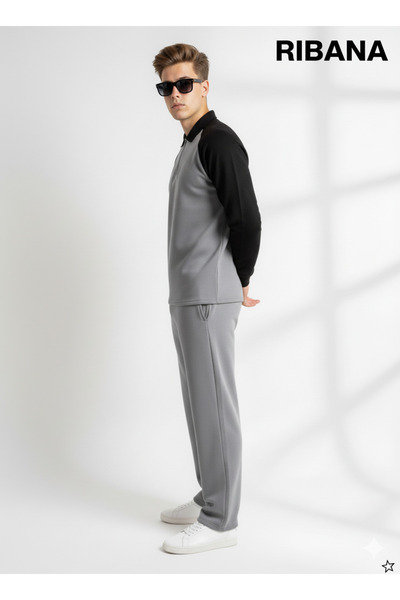 ribana Unisex Printed Pocket Elastic Waist Zippered Shirt Collar Bottom-Top 2-Piece Set