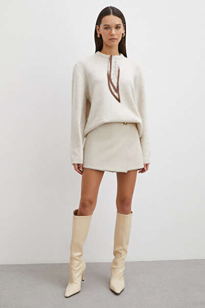 Never more Long Sleeve Sweater with Scarf Ecru