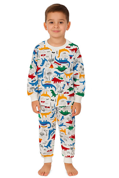 Şekerkids Boy's Cotton Two-Thread Sh Fleece-Lined White Color Dinosaur Pattern Pajama Set