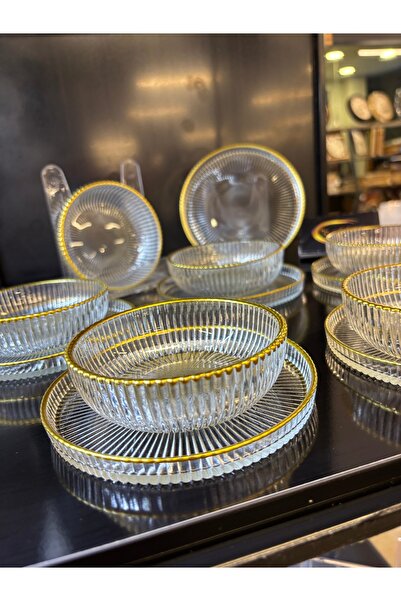 ARS HOME DEKOR Yaldızlı 6 Kişilik 12 parça Çerez Takımı, Kase Tabak Çerez seti, Çizgili kase Tabak, Servislik