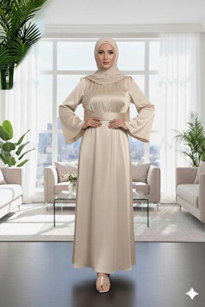 W WARGA Satin Dress with Gathered Collar and Waist