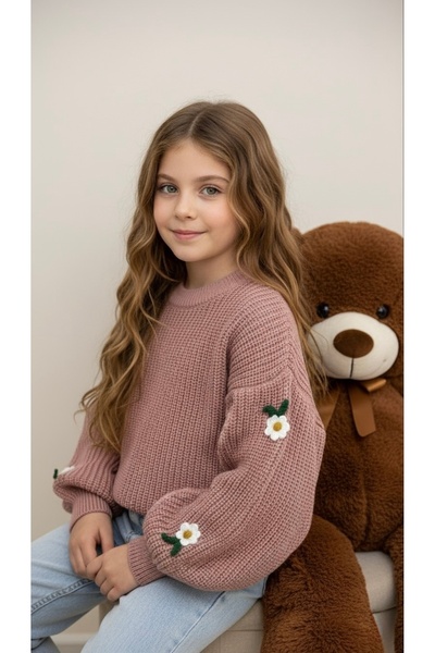 Raressa Collection Kız Çocuk Çiçek Nakışlı Örgü Triko Kazak