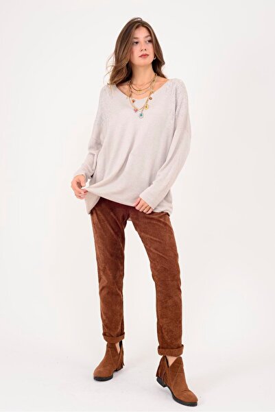 Park Moda 71132 Stone Embroidered V-Neck Thin Knitted Blouse