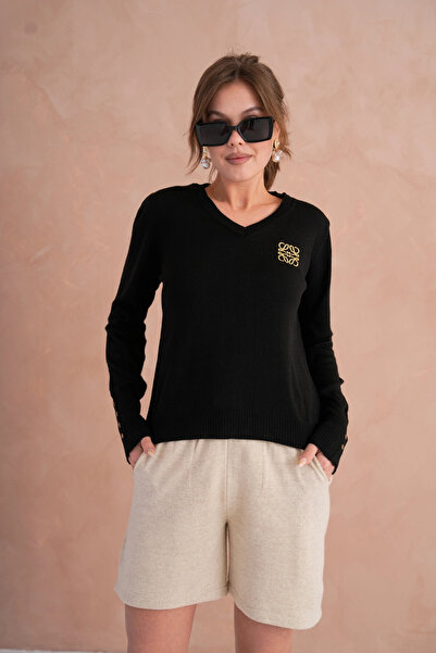 Park Karon Women's V-Neck Embroidery Detail Sleeve Trock Knitwear Sweater