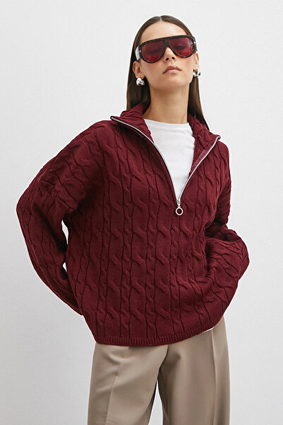 Never more Hair Braided Half Zipper Sweater Burgundy