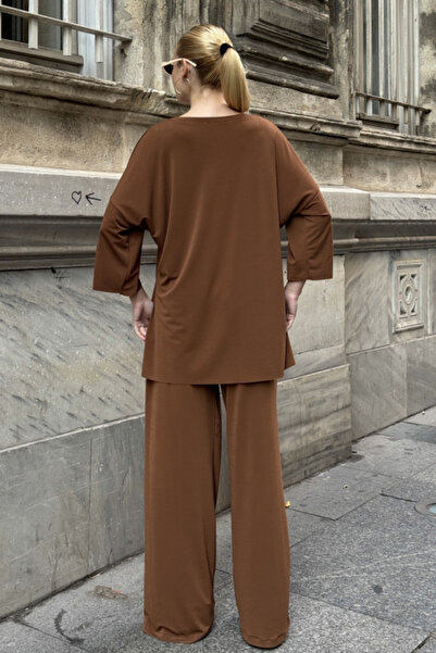 Chiccy Cinnamon Color Boat Neck 3/4 Sleeve Pocketed Elastic Waist Wide Leg Knitted Bottom Top Set 70-105 65-68