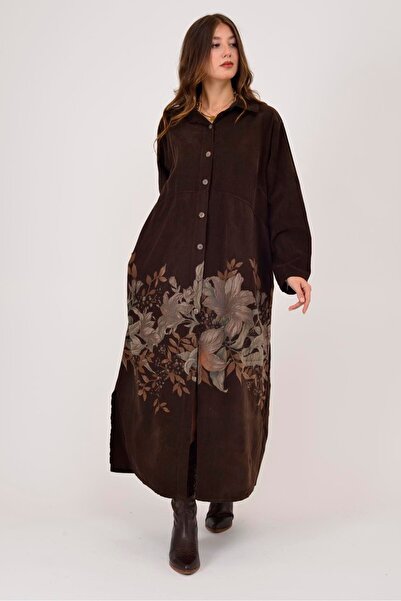Park Moda 10974 Lova Flower Pattern Tie-Up Velvet Shirt Dress