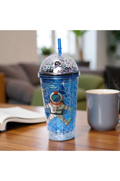 Kuzey Tacı Çocuklar İçin Simli Buz Hazneli Uzay Macerası Pipetli Suluk Bardak...