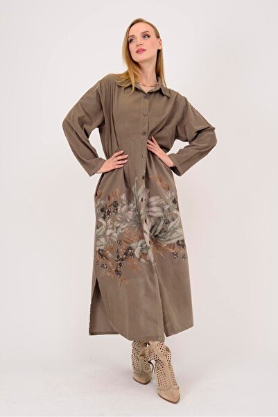 Park Moda 10974 ROCHIE CĂMĂȘĂ DE CATIFELĂ CU MODEL FLORAL LOVA