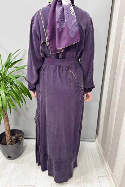 MissWhence Embroidery and Zipper Detailed Cupra Silk Dress Purple 37800