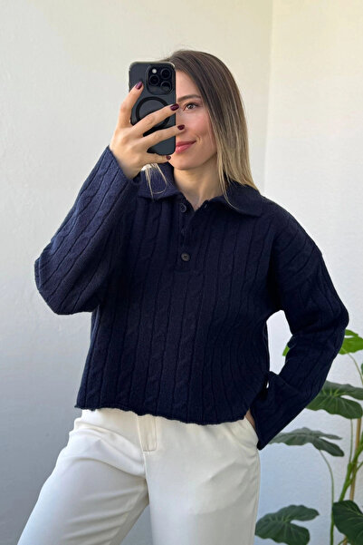 Kubos Moda Pulover cu guler polo cu model tricotat bleumarin