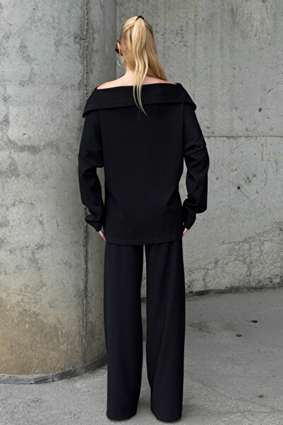 Chiccy Black Turn-Down Collar Long Sleeve Elastic Waist Wide Leg Velvet Oversized Knitted Bottom Top Set 70-105 65-68